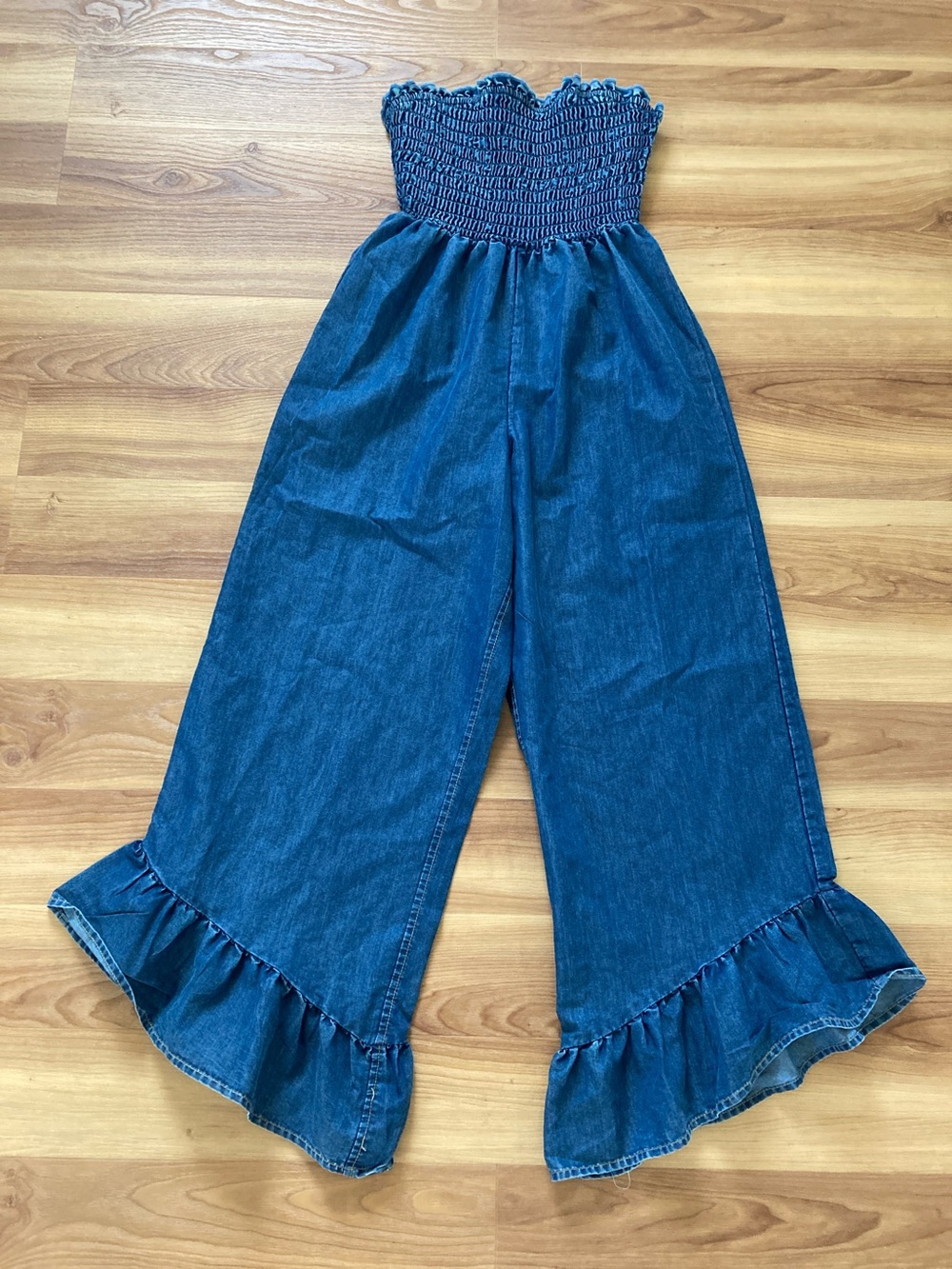 indulge Blue Smocked High-Rise Wide-Leg Ruffle Hem Jeans